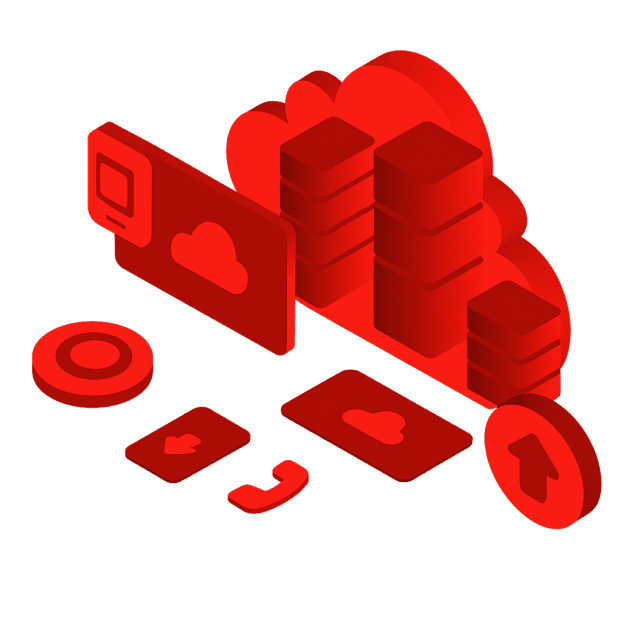 Red cloud computing icons on black background.