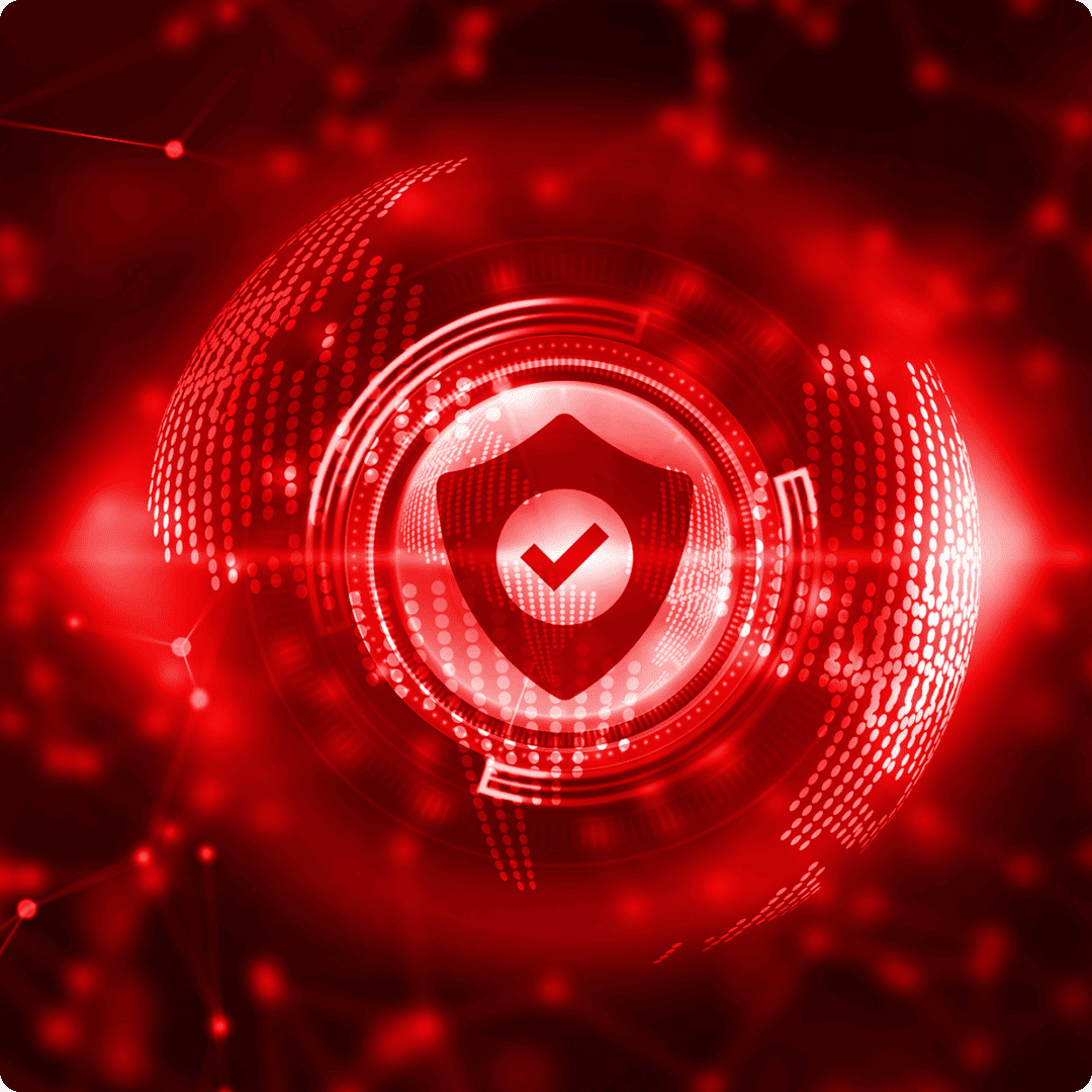 Red digital shield with checkmark, security concept.