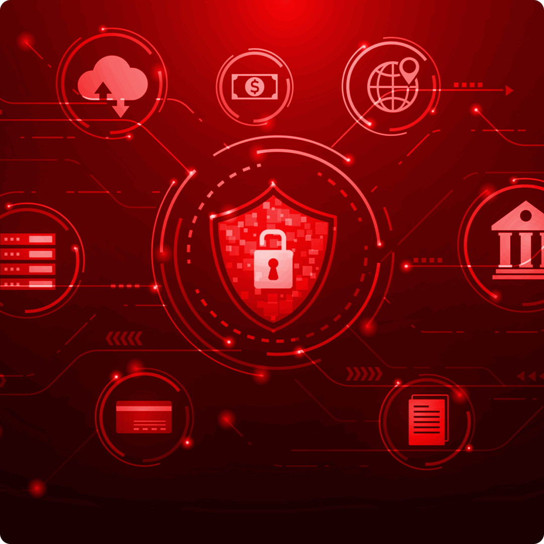 Cybersecurity icons on red digital background.