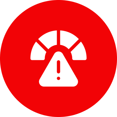 Warning symbol on red circular background.