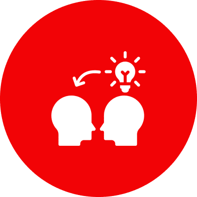 Two heads sharing an idea, red background.