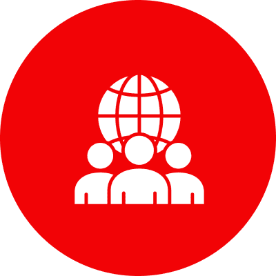 Three people with globe on red background.
